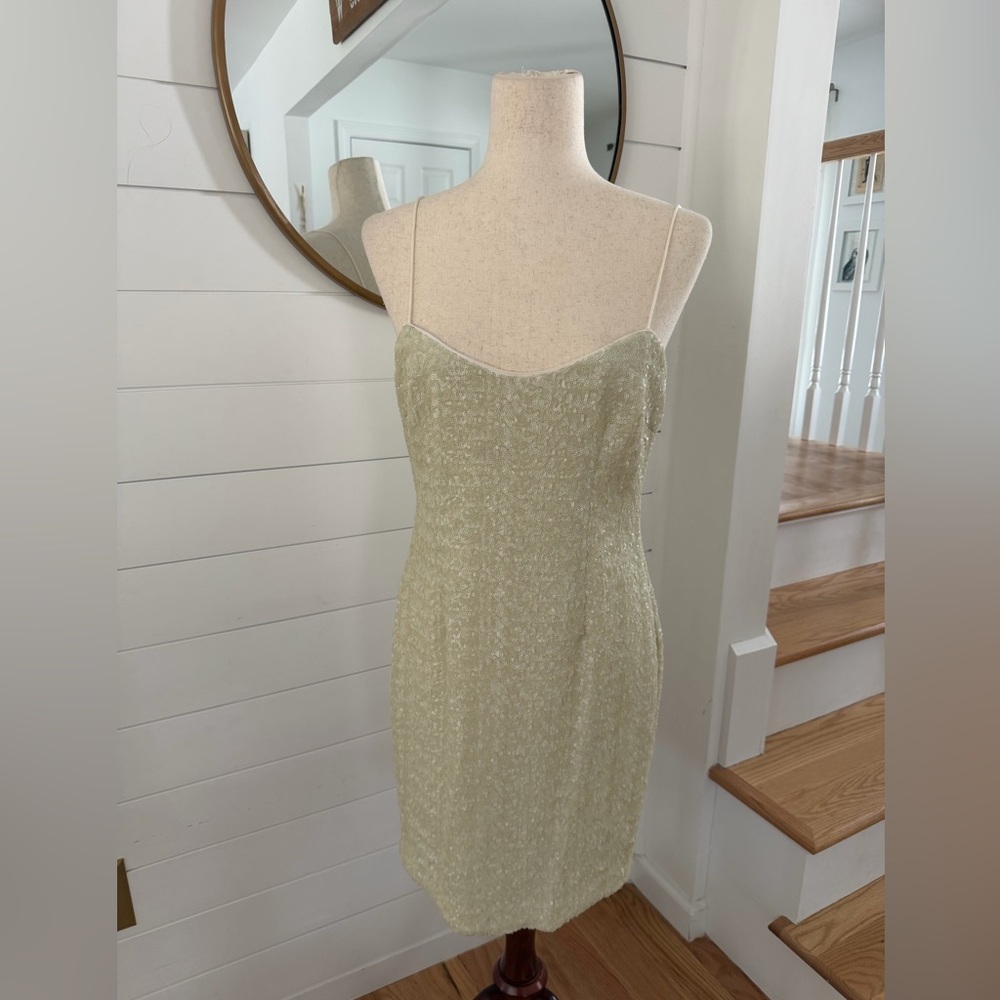 Vintage 90s Kay Unger Cream Sequin Slip Dress Bodycon Size 8 Cocktail